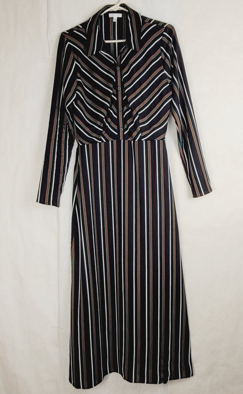 Abound brown green striped shirt dress Size Small Maxi Retro Mod Careercore